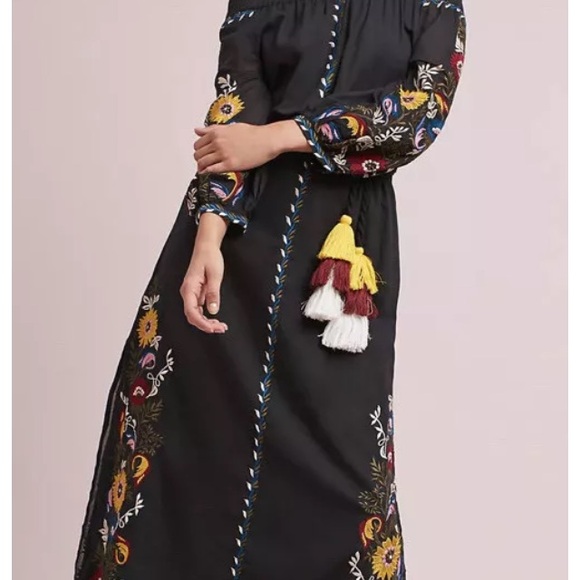 Anthropologie Misa Seine Embroidered Black Off the Shoulders Midi Dress.  Medium - Picture 2 of 12